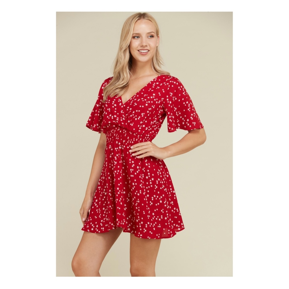 Red Star Print Fit and Flare Casual Dress - Picture 4 of 4